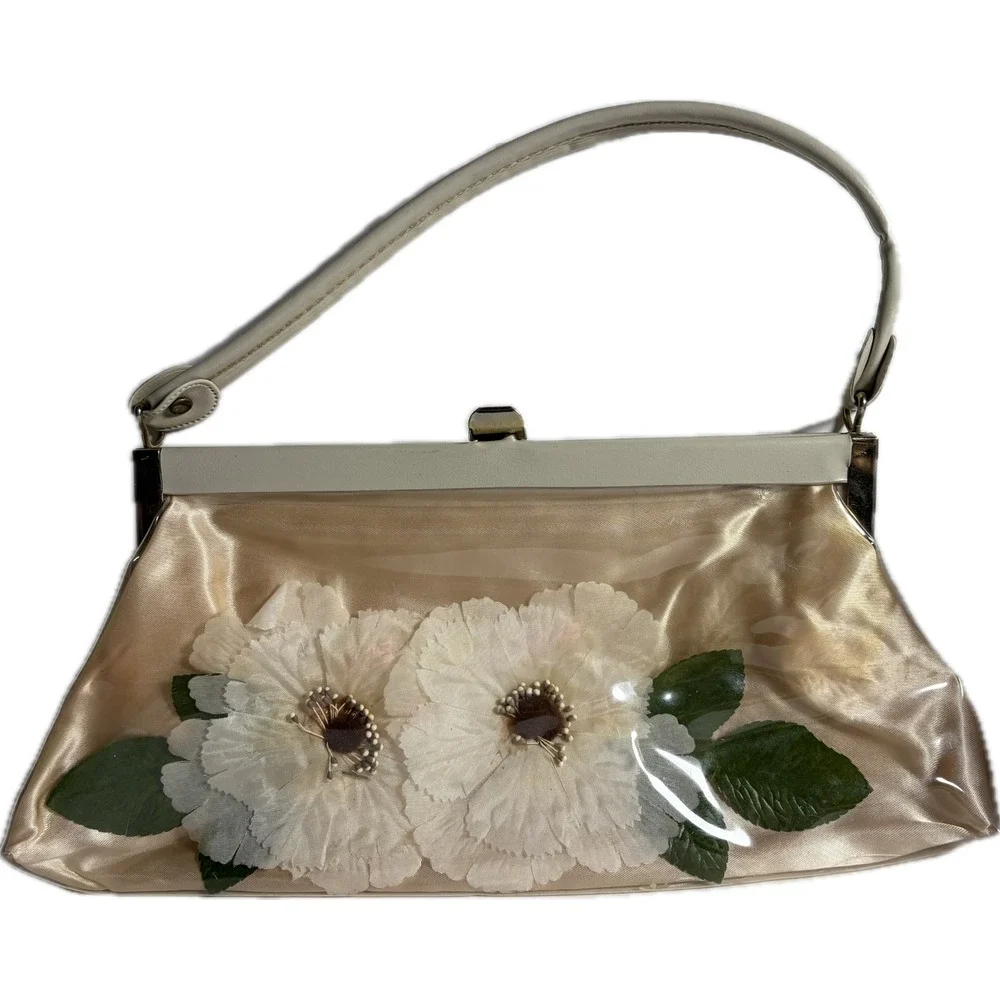 Vintage 1950s Floral Vinyl Handbag Mid Century Kitsch Retro Purse STAINED/DAMAGE